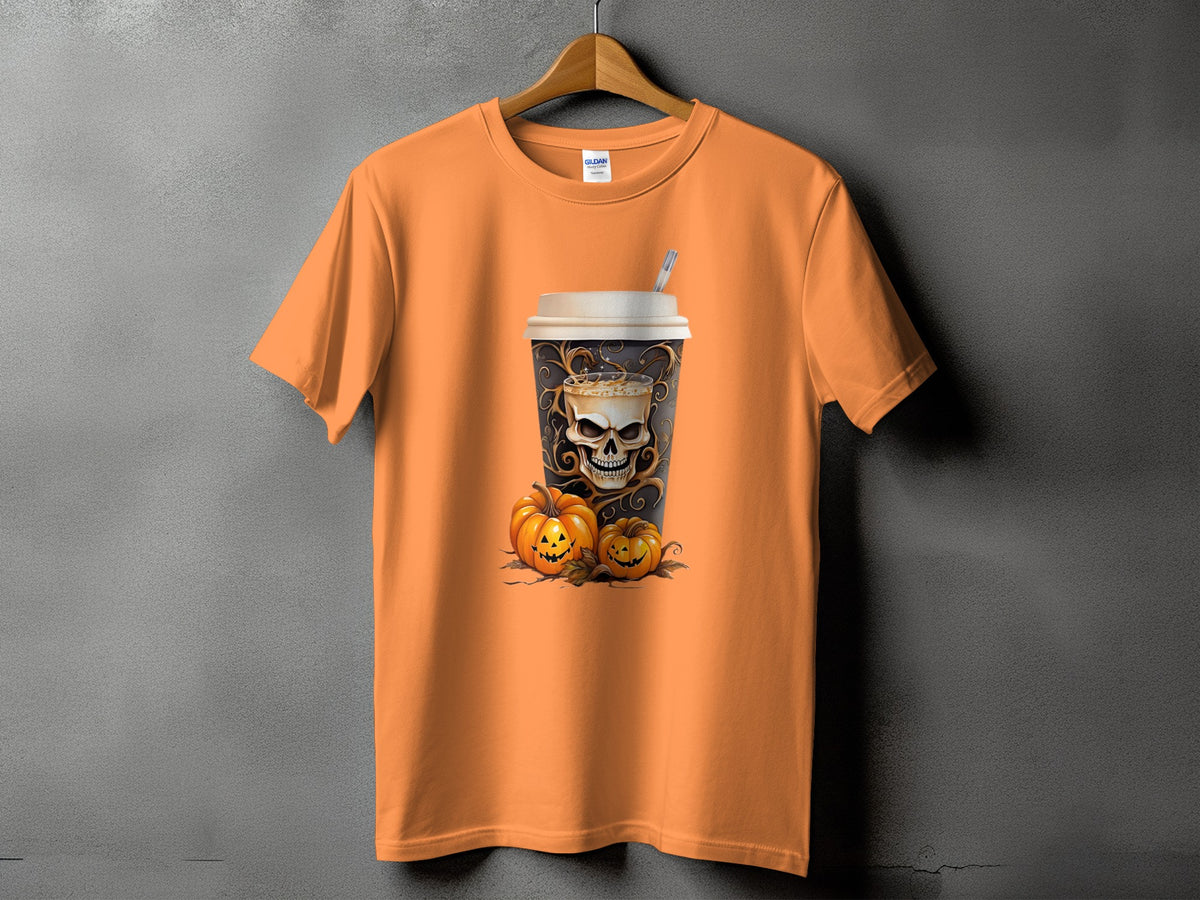 Orange t-shirt with Halloween skull coffee cup and pumpkins graphic.