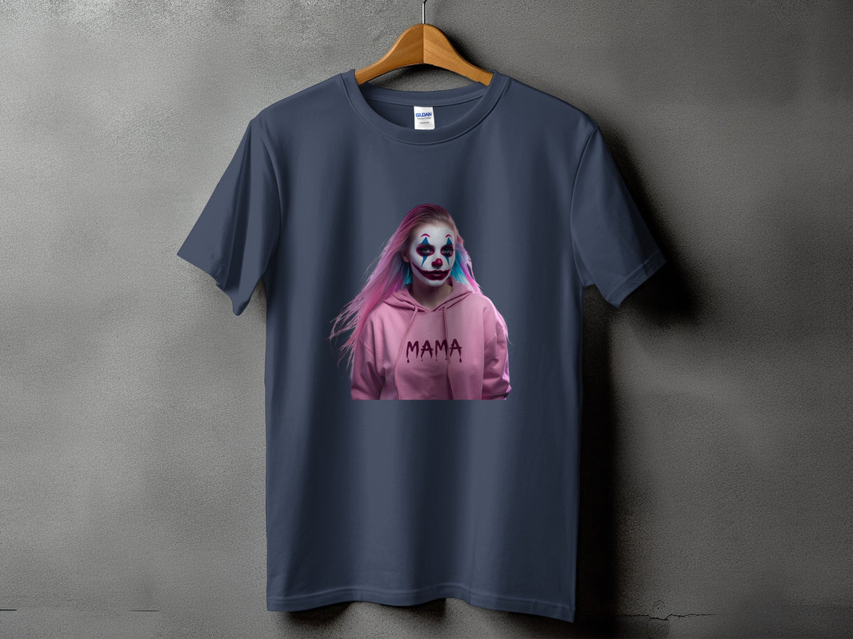 Dark blue t-shirt with a printed image of a person with clown makeup and pink hair.