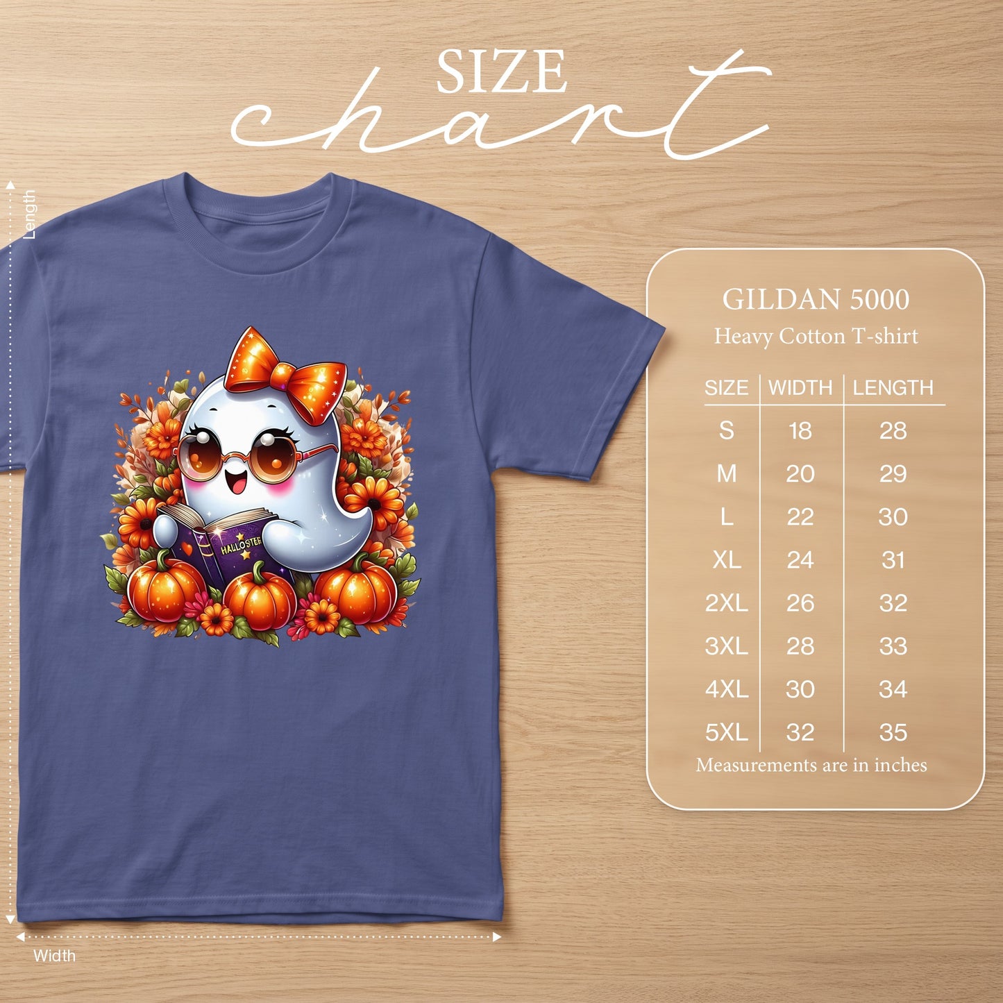 Purple Gildan 5000 t-shirt with Halloween ghost graphic and size chart.