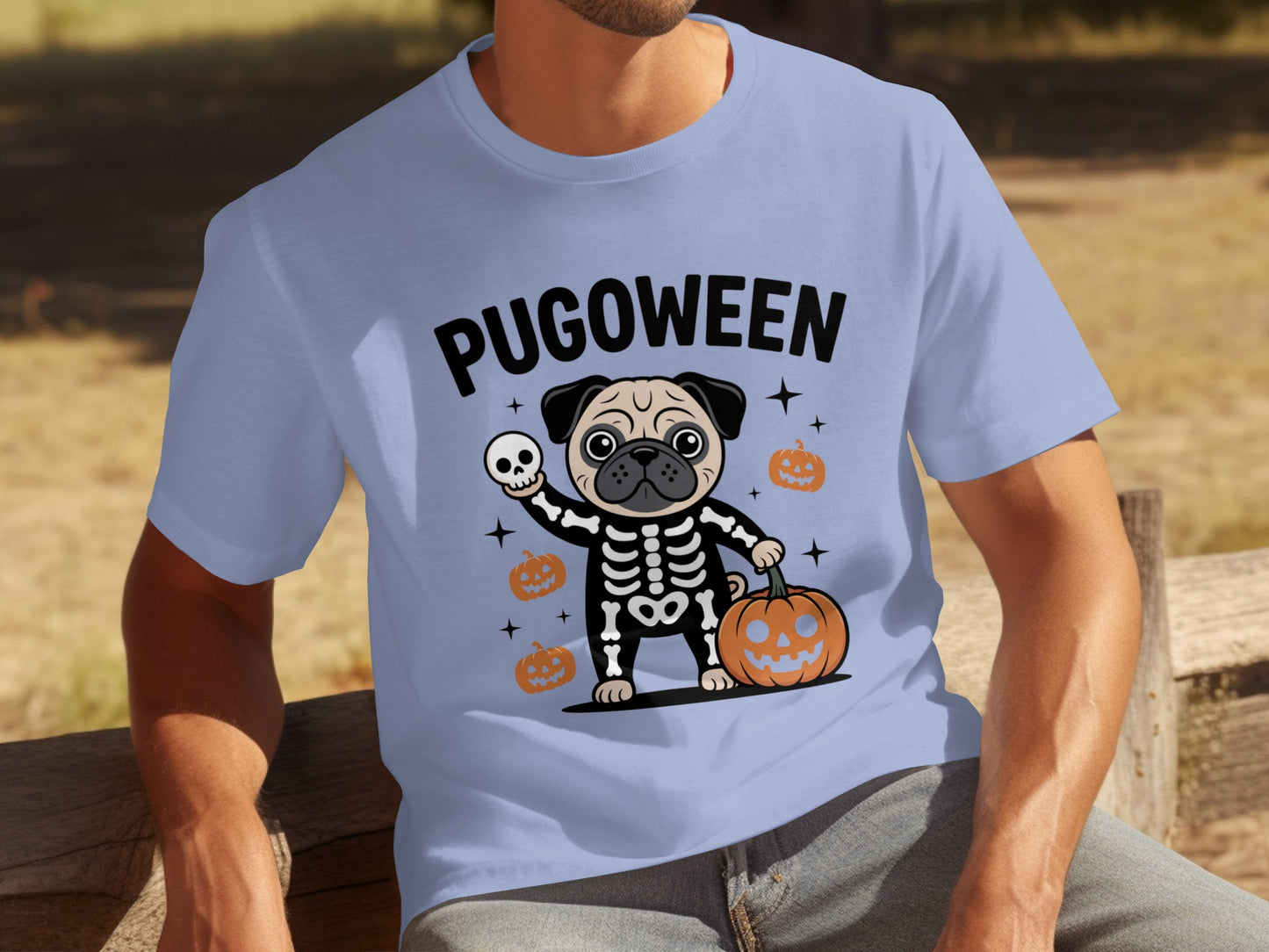 Pugoween Skeleton Pug with Pumpkin Halloween T-shirt