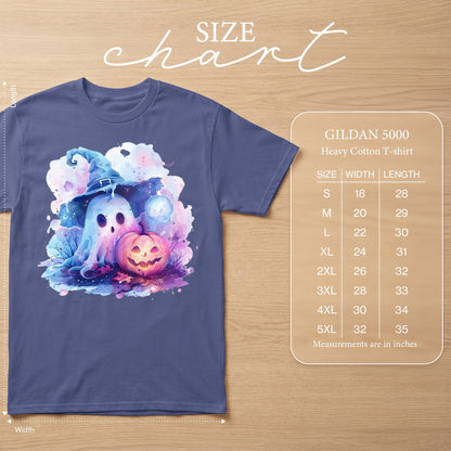 T-shirt with ghost and pumpkin graphic, Gildan 5000 size chart.