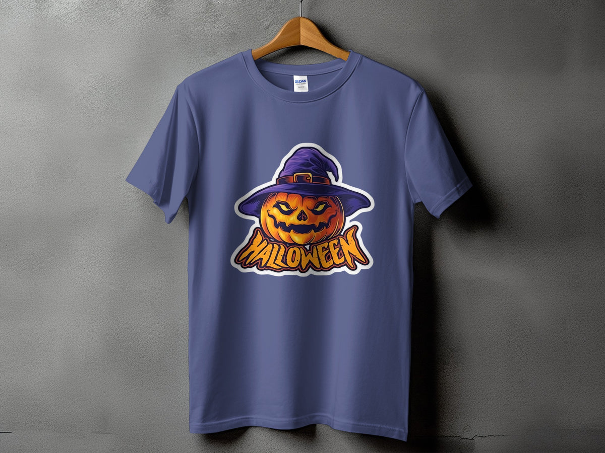 Purple t-shirt with a jack-o'-lantern wearing a witch hat and "Halloween" text.