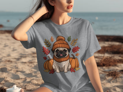 Cozy Pug with Pumpkin and Autumn Leaves T-Shirt