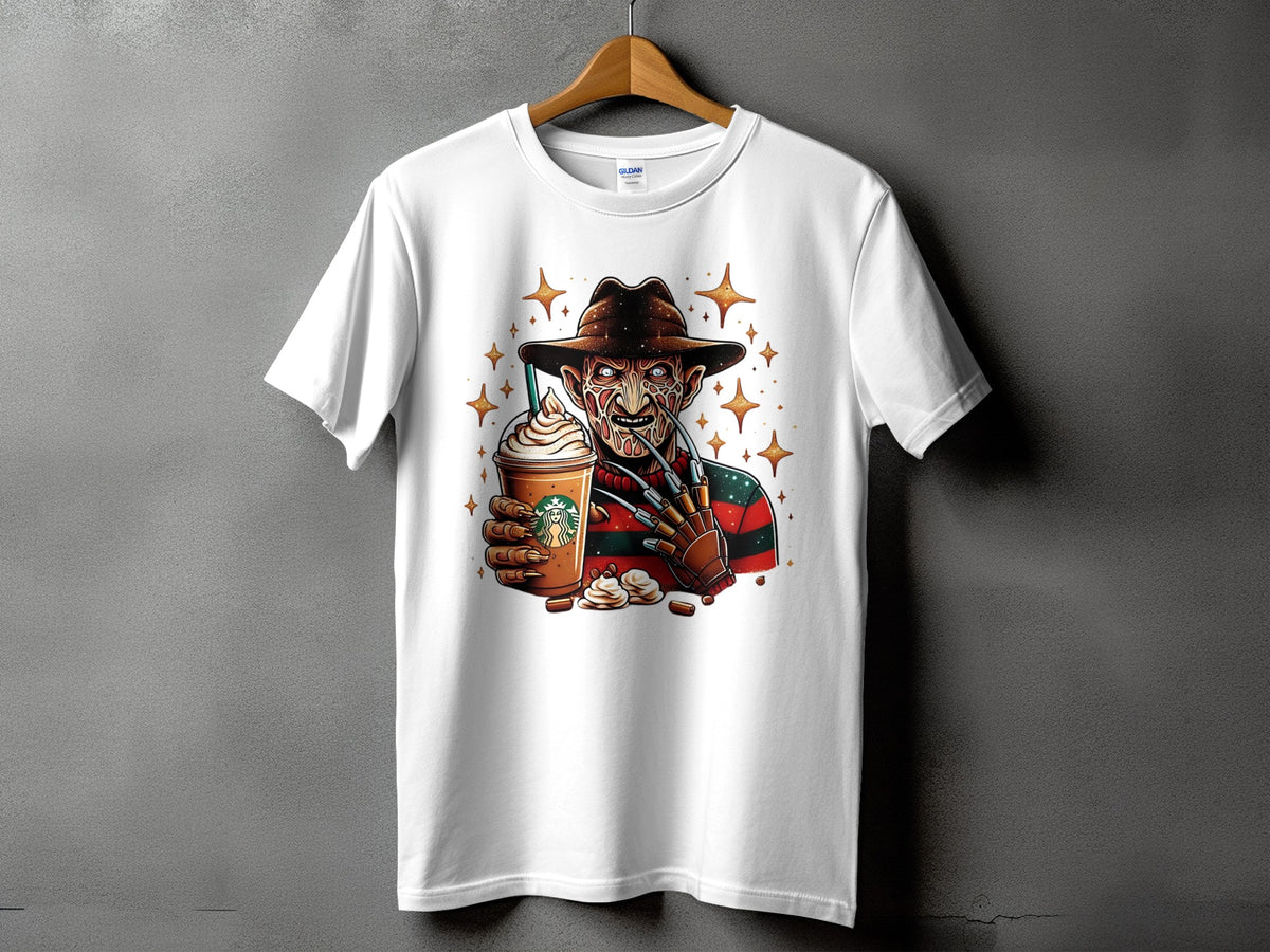 White t-shirt featuring Freddy Krueger holding a Starbucks drink with sparkly stars.