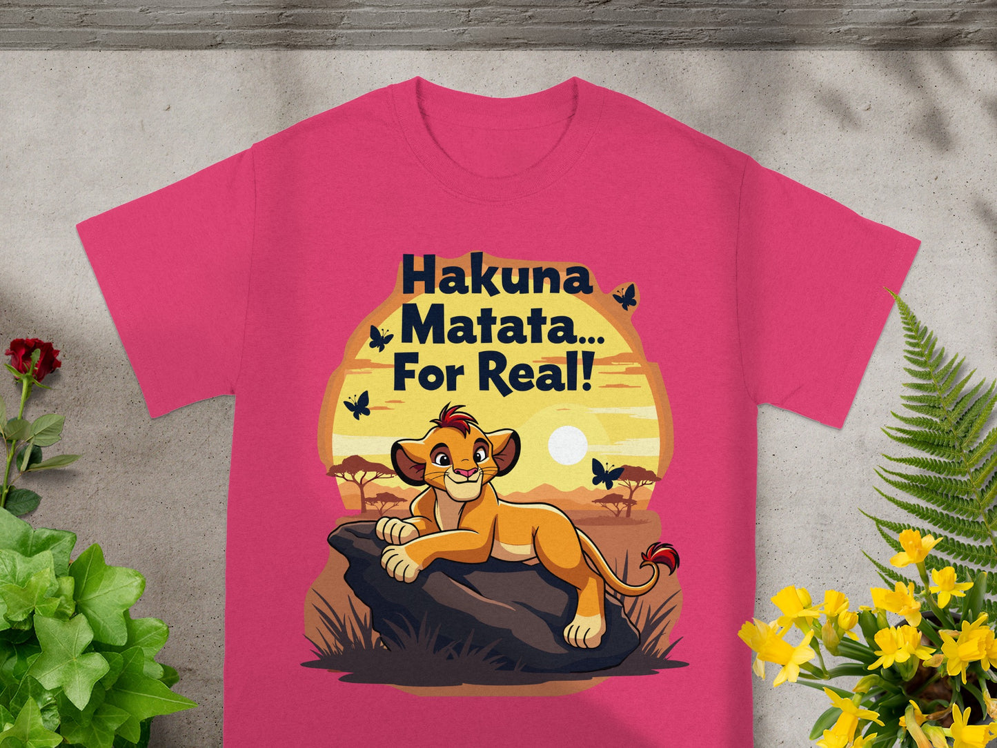 Simba from The Lion King on a t-shirt with "Hakuna Matata... For Real!" text.