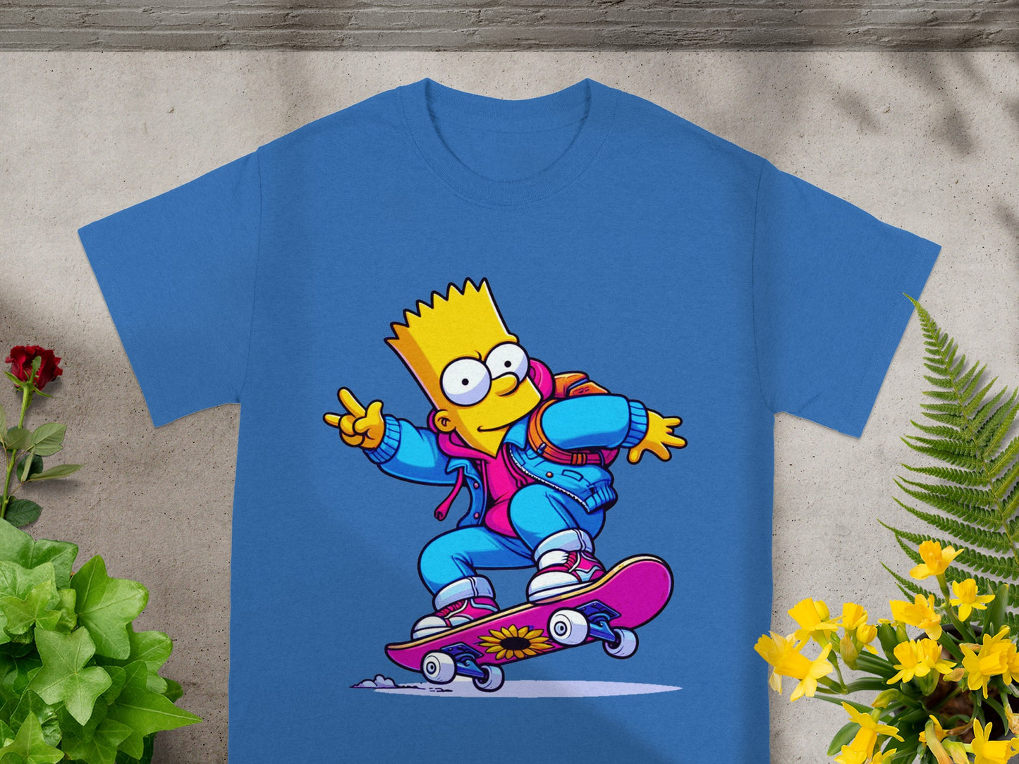 Bart Simpson skateboarding with peace sign, wearing blue jacket and pink pants.