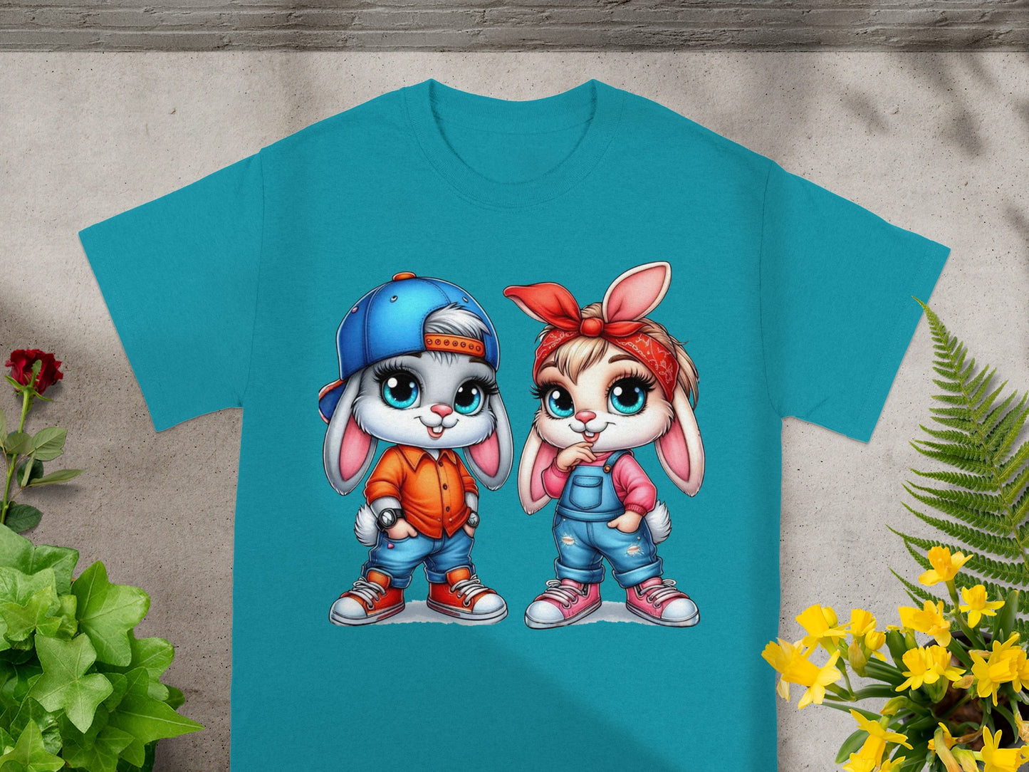 Two cartoon bunnies in matching outfits, one boy and one girl, on a t-shirt.