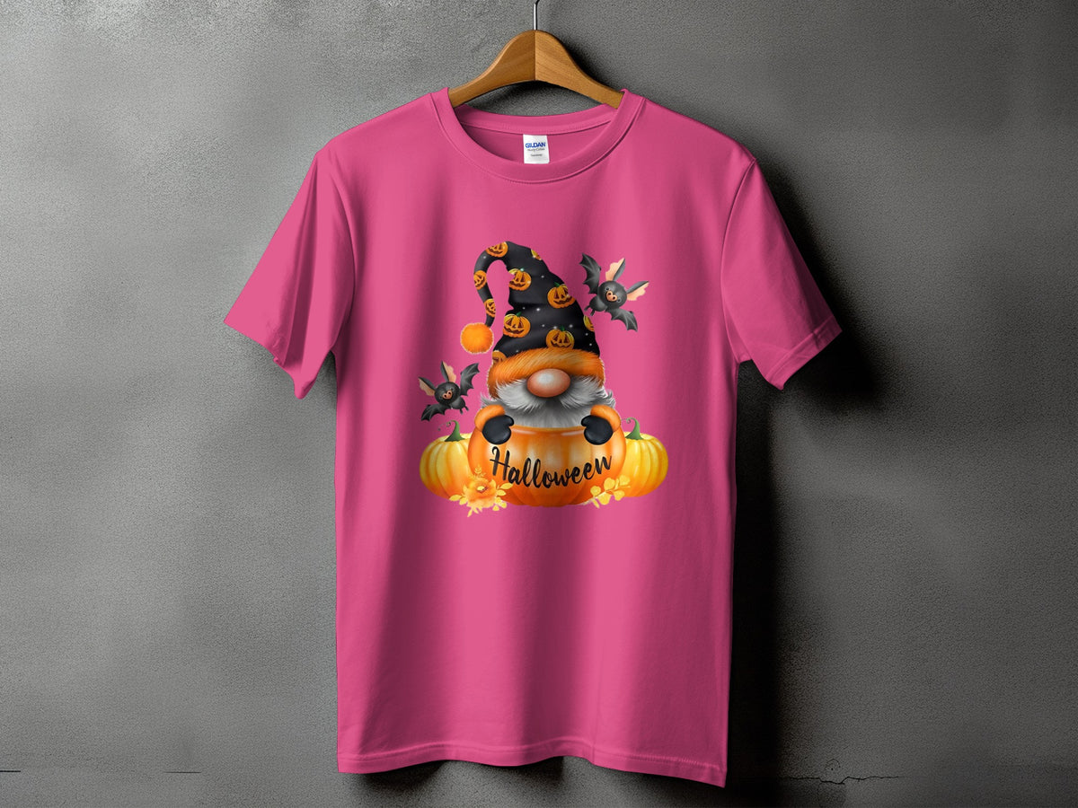 Pink t-shirt with a Halloween gnome graphic and text.