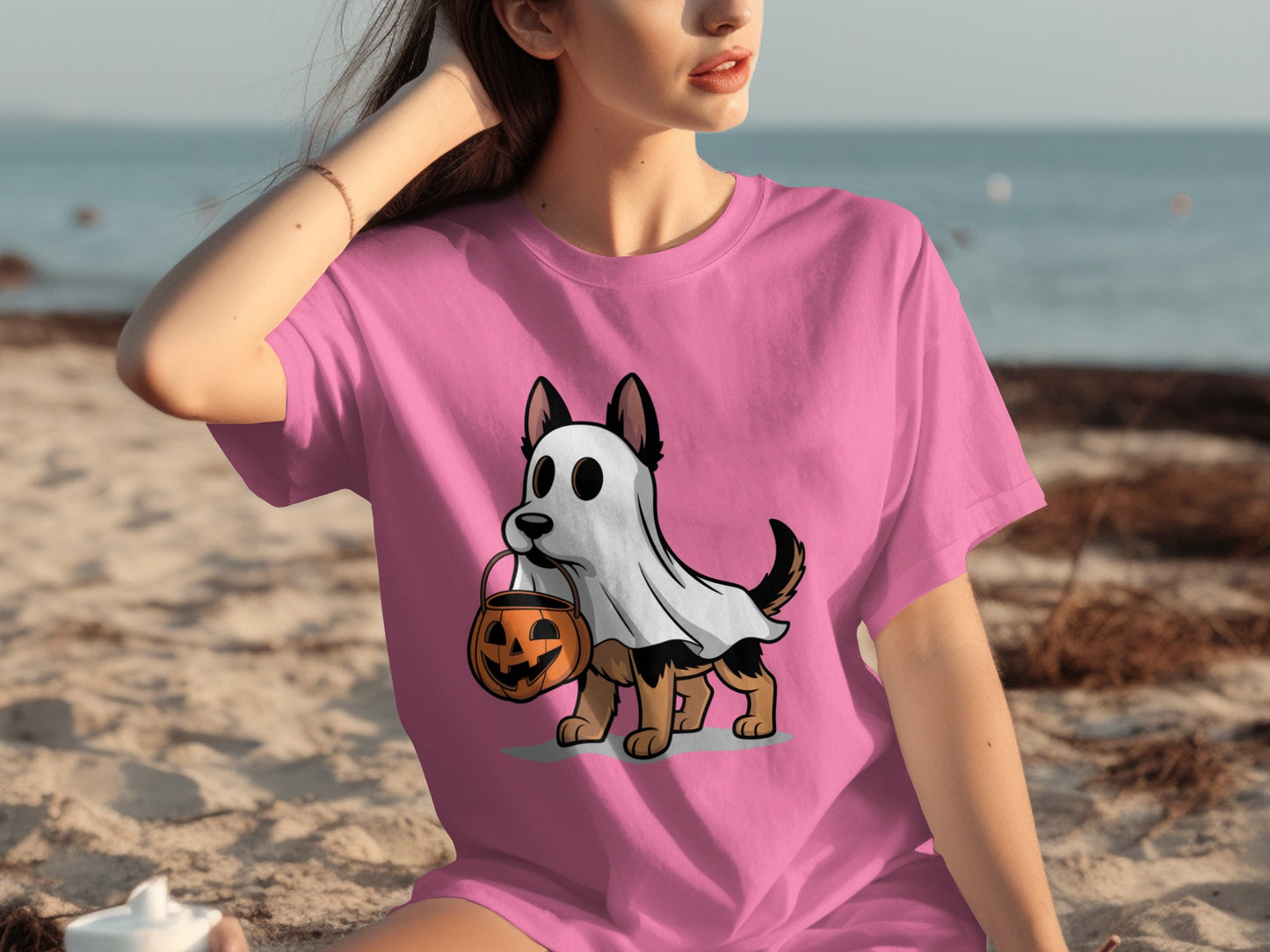 Adorable Puppy Ghost with Pumpkin on Pink T-Shirt