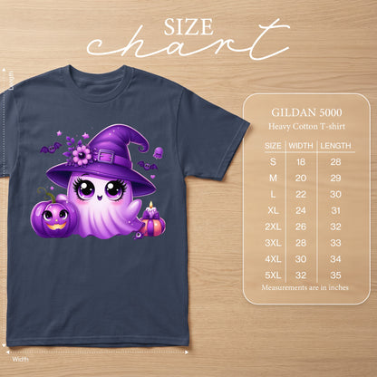 Purple ghost wearing witch hat with pumpkin, and Gildan 5000 heavy cotton t-shirt size chart.