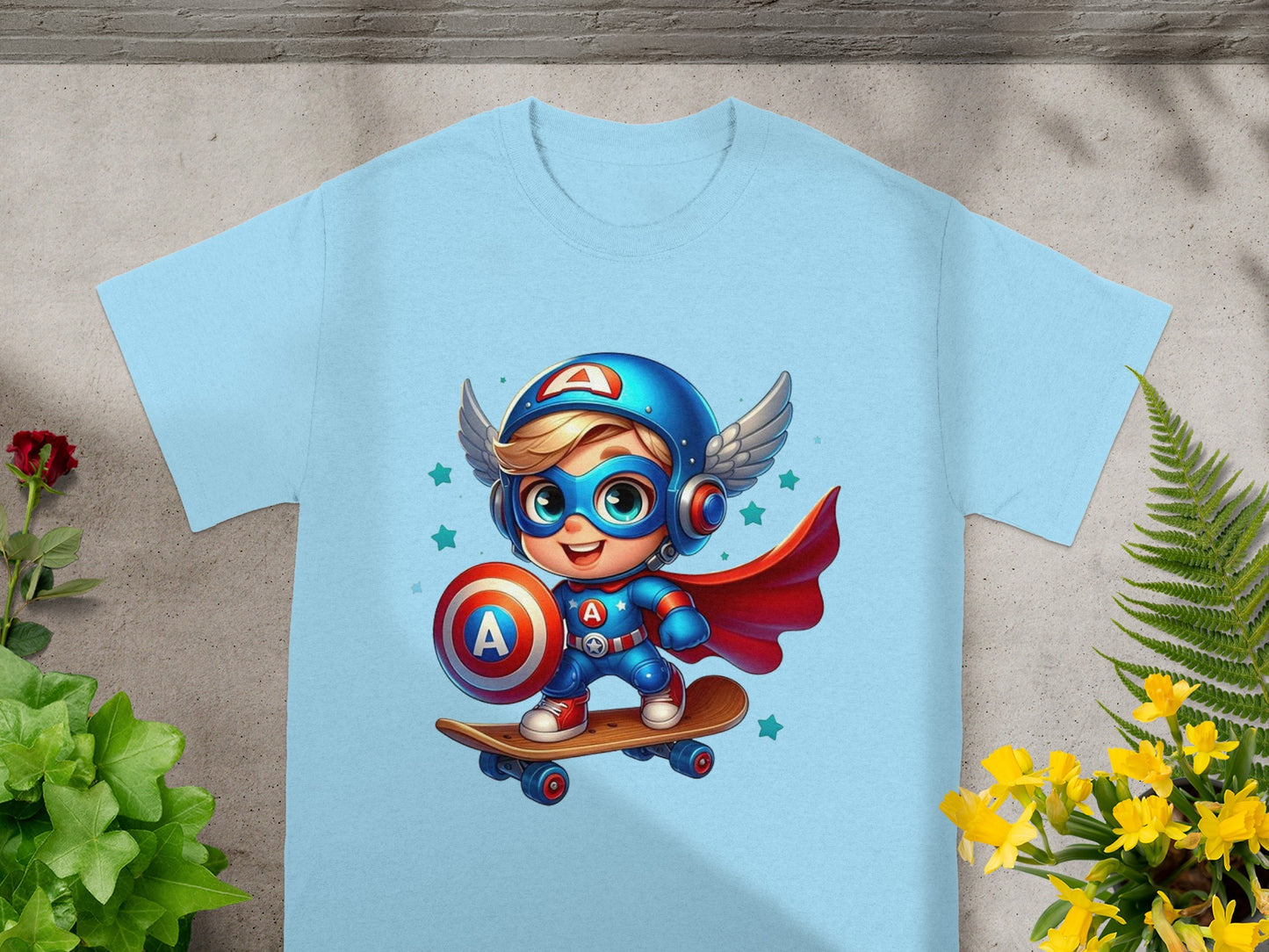 Cartoon superhero boy with shield and wings on skateboard.