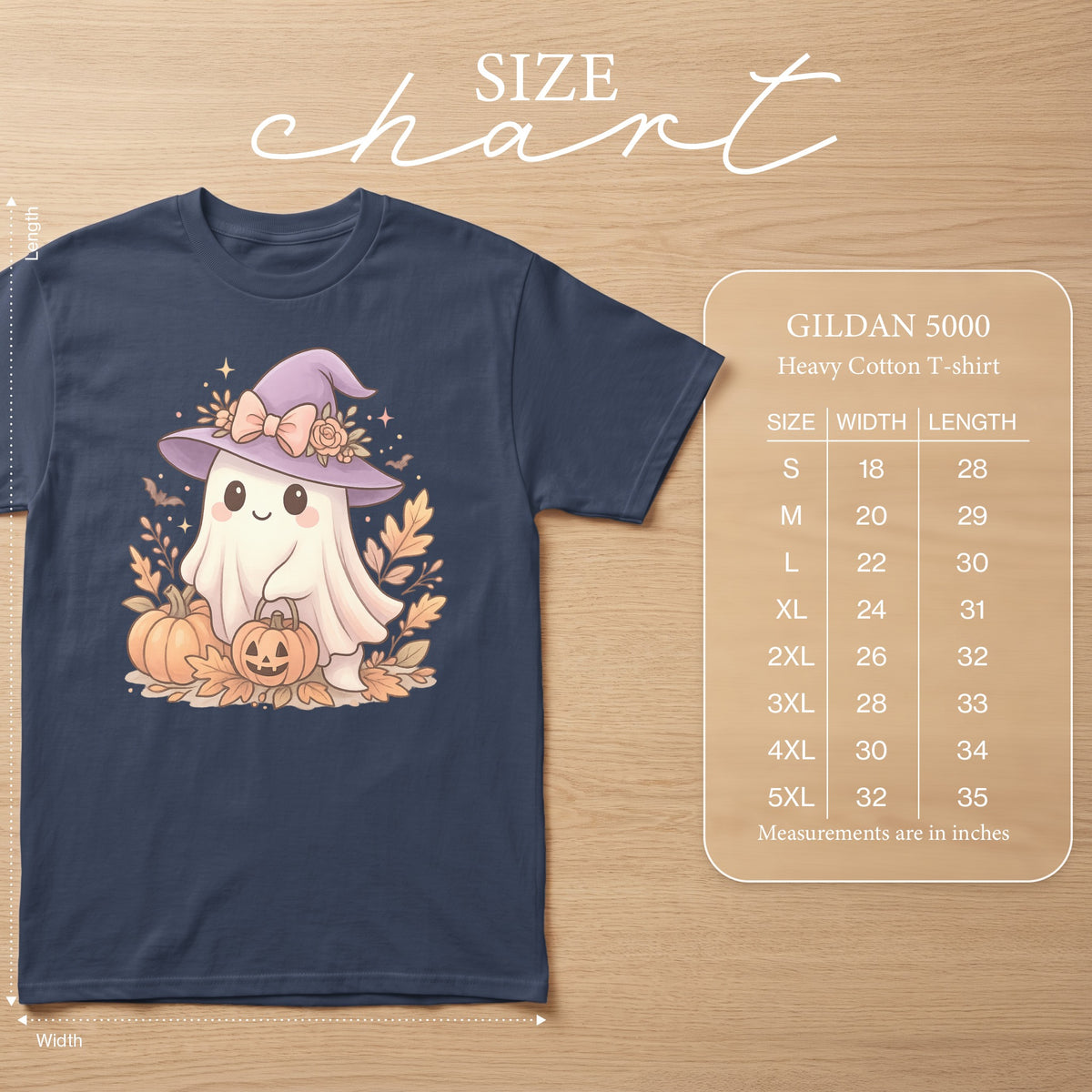 Size chart for Gildan 5000 Heavy Cotton T-shirt with cute ghost graphic.