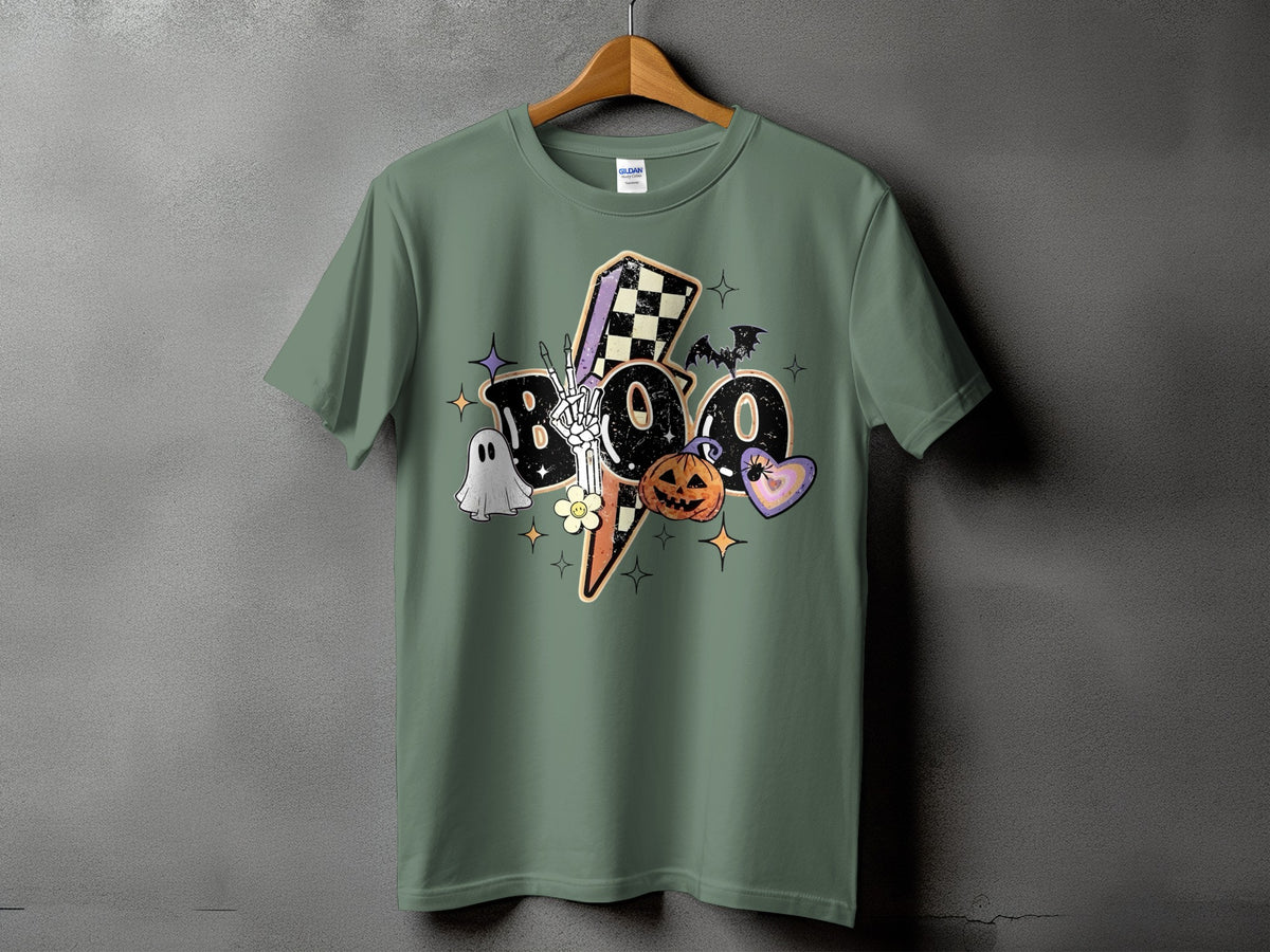 Green t-shirt with "Boo" graphic featuring Halloween elements and a skeleton hand.