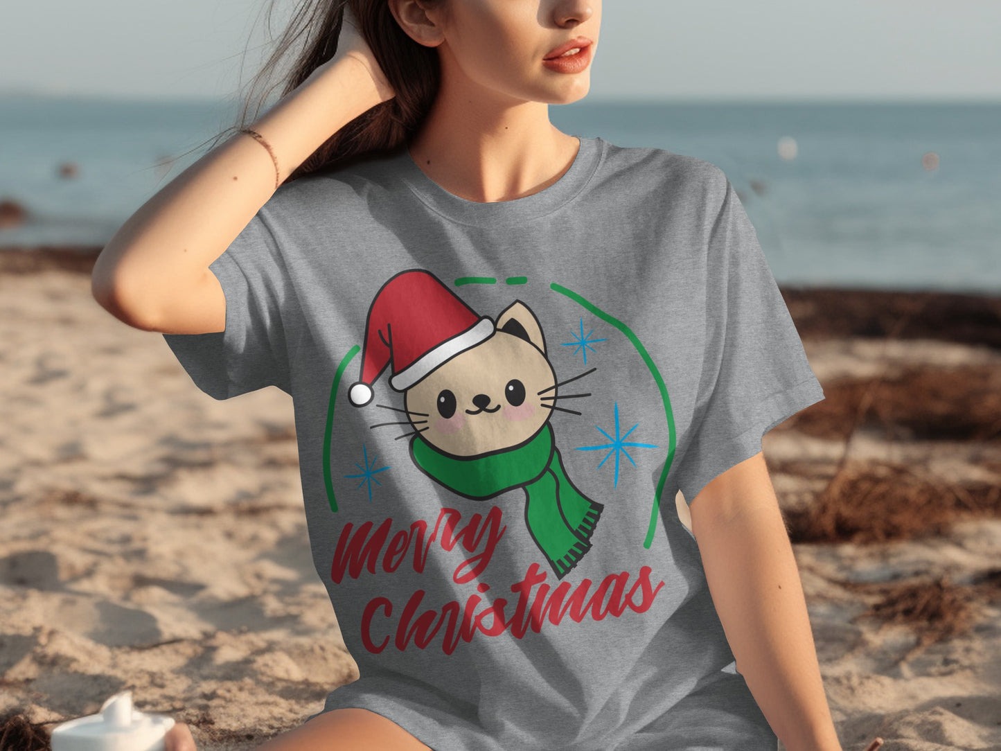 Merry Christmas Cat Wearing Santa Hat T-Shirt