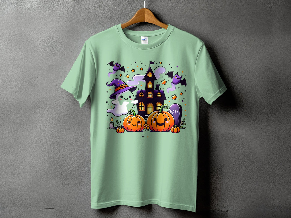 Light green t-shirt with a Halloween-themed graphic of a ghost, pumpkins, and a haunted house.