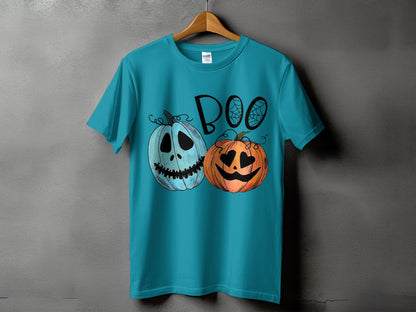 Teal t-shirt with "Boo" text and two jack-o'-lanterns, one blue and one orange.