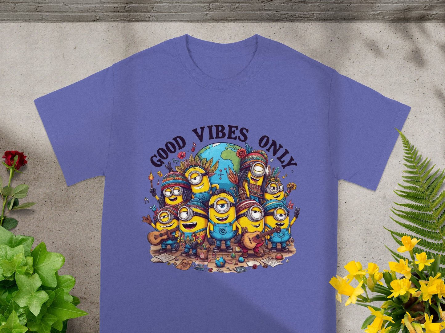 Minions celebrating around the earth with "Good Vibes Only" text.
