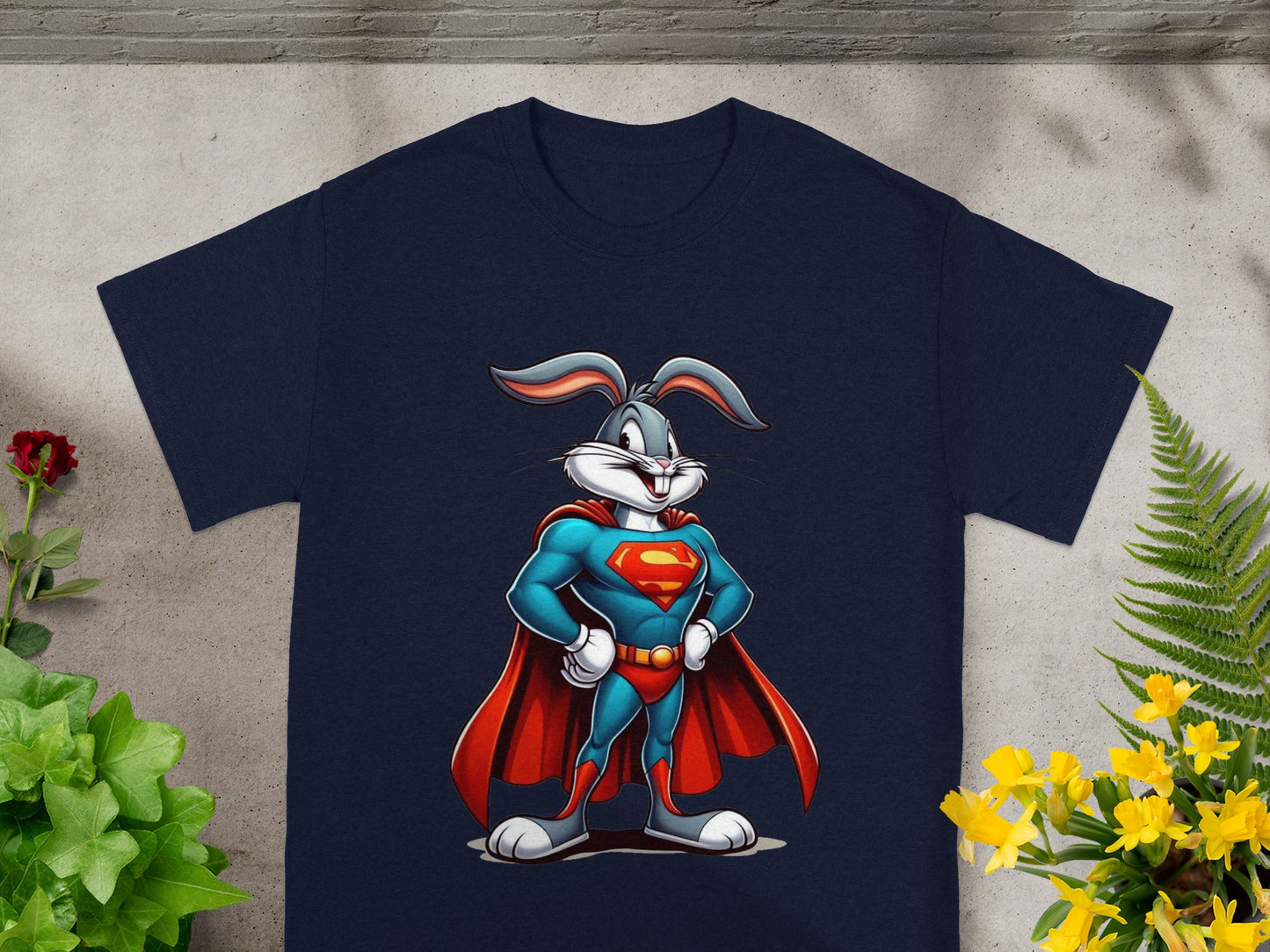 Bugs Bunny in a Superman costume with a red cape and yellow S emblem.