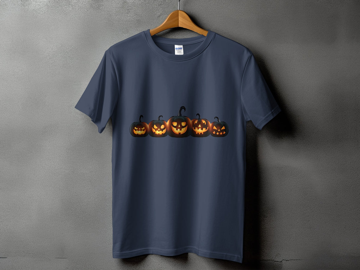 Dark blue t-shirt featuring a row of five glowing jack-o'-lanterns.