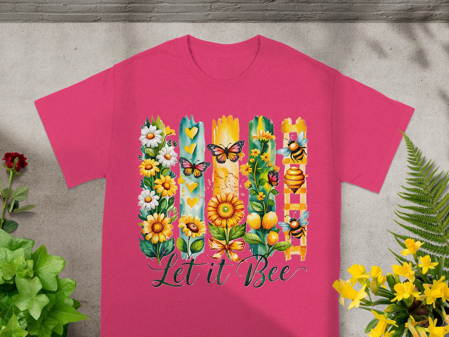 Let It Bee Floral Design with Butterflies T-Shirt