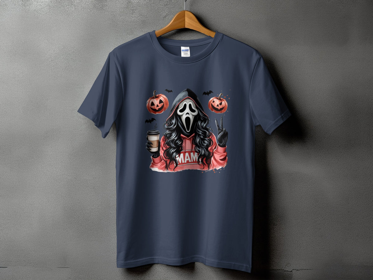Ghostface character with coffee, pumpkins, bats, and "MAM" text on t-shirt.