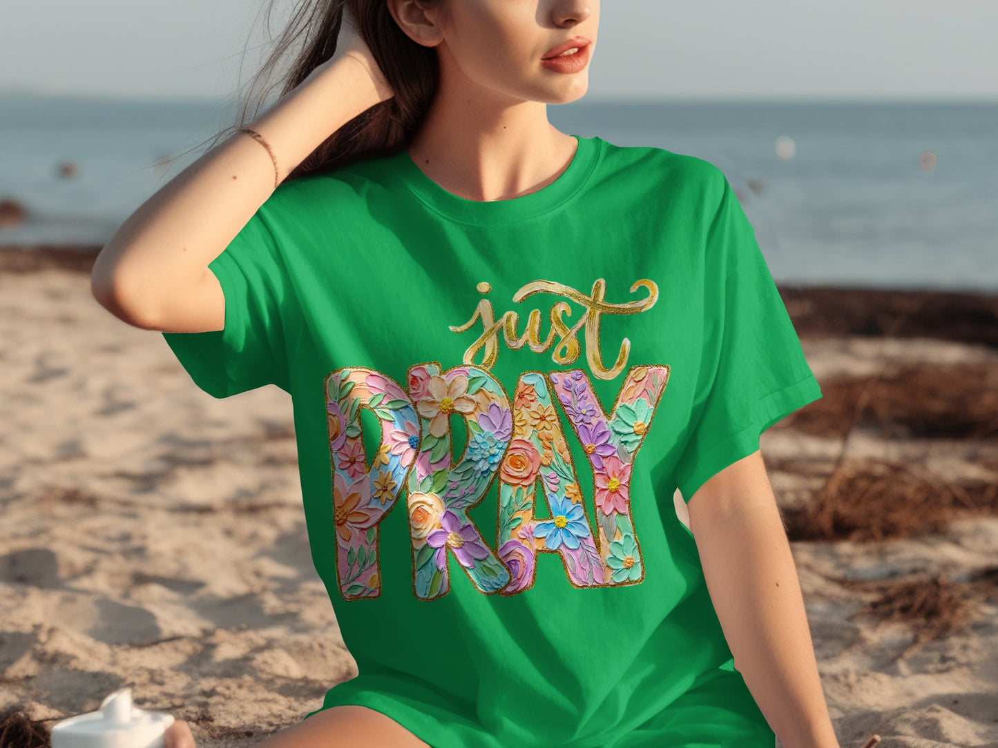 Colorful Just Pray Floral Design T-Shirt Product