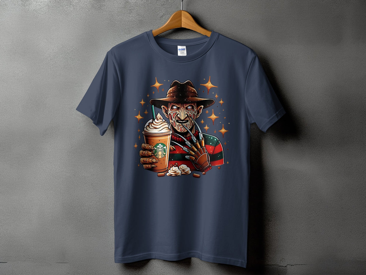 T-shirt graphic of Freddy Krueger holding a Starbucks Frappuccino with stars.