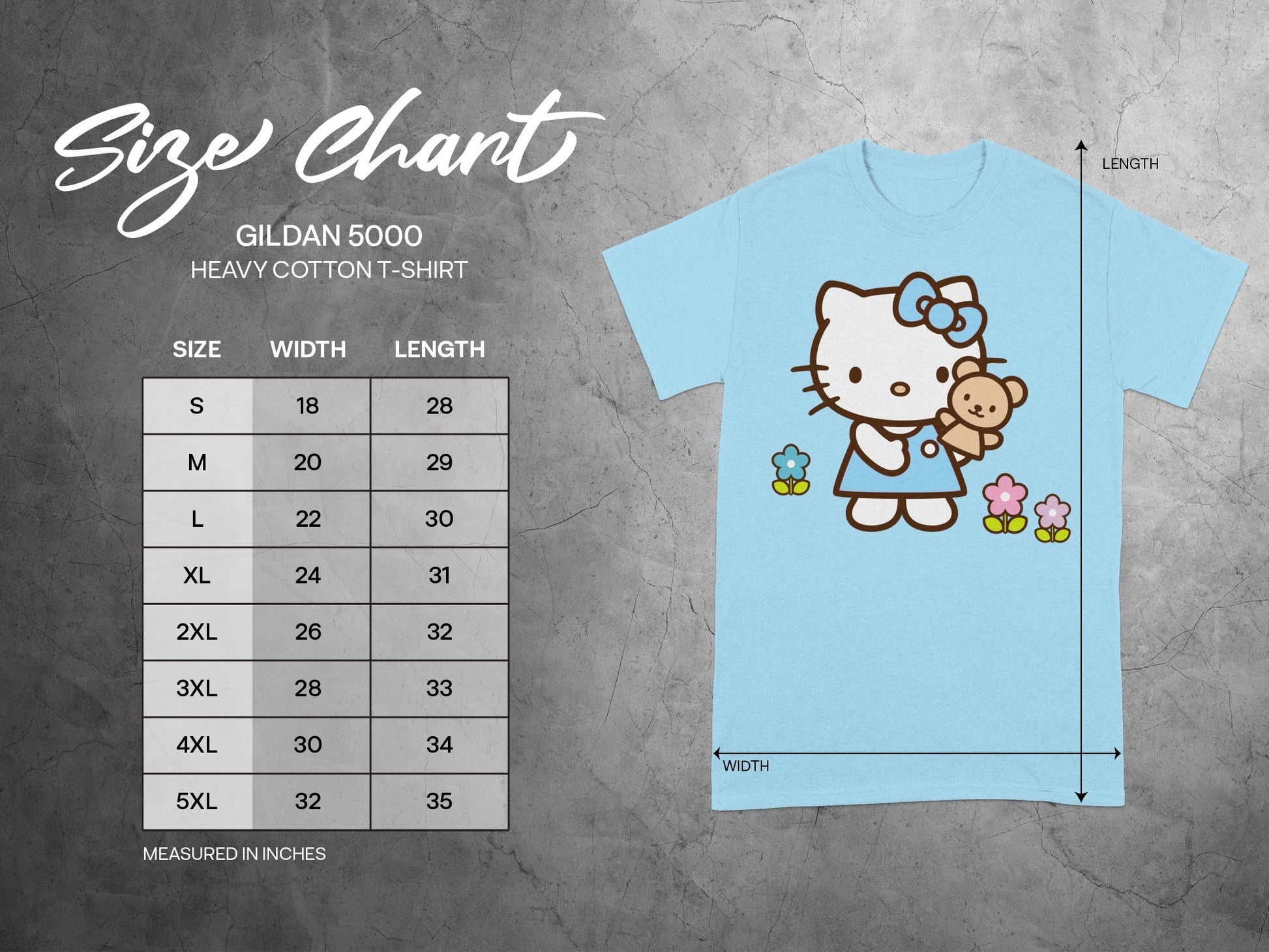 GILDAN 5000 T-SHIRT Size Chart Width Length Inches product type
