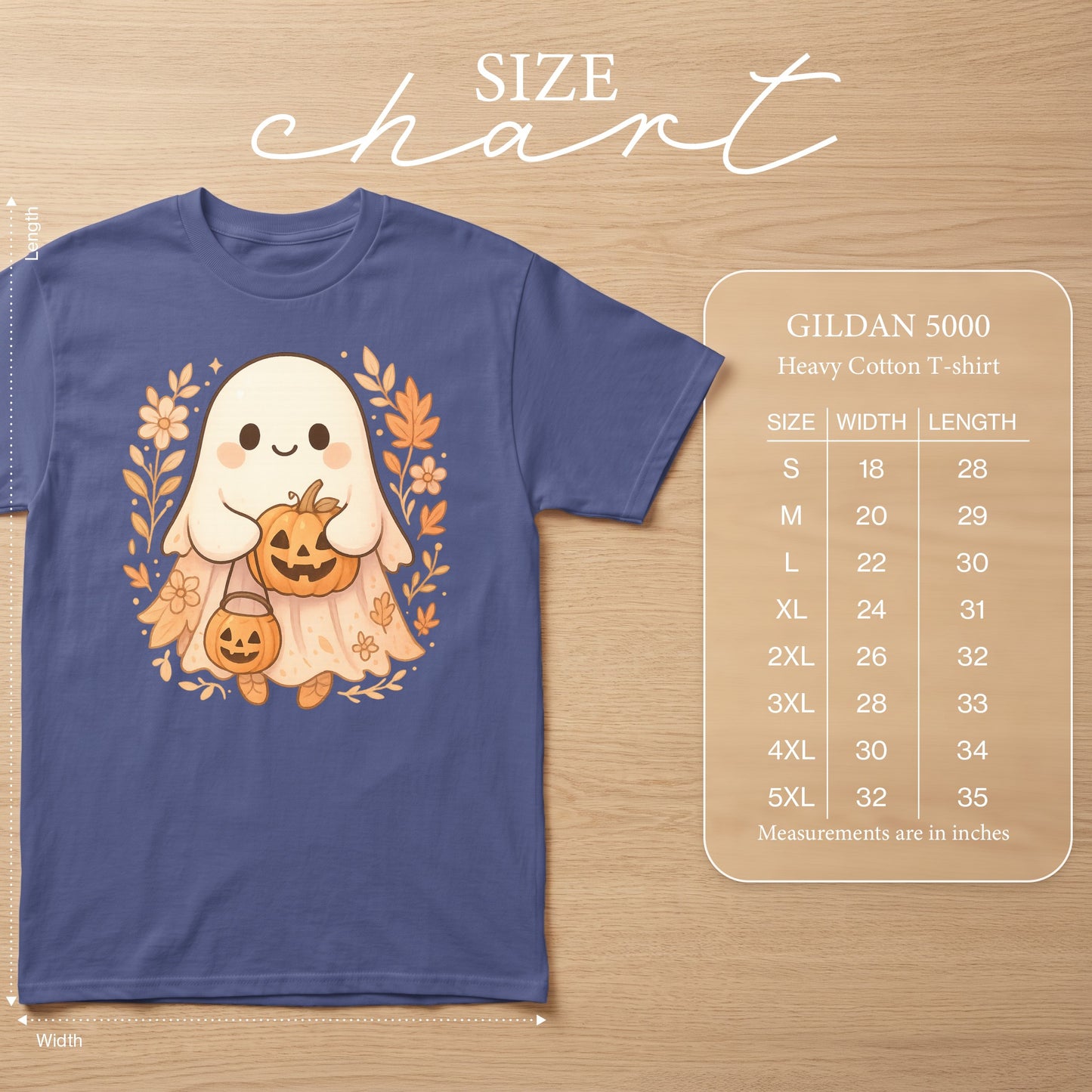 Gildan 5000 heavy cotton t-shirt size chart with ghost graphic.