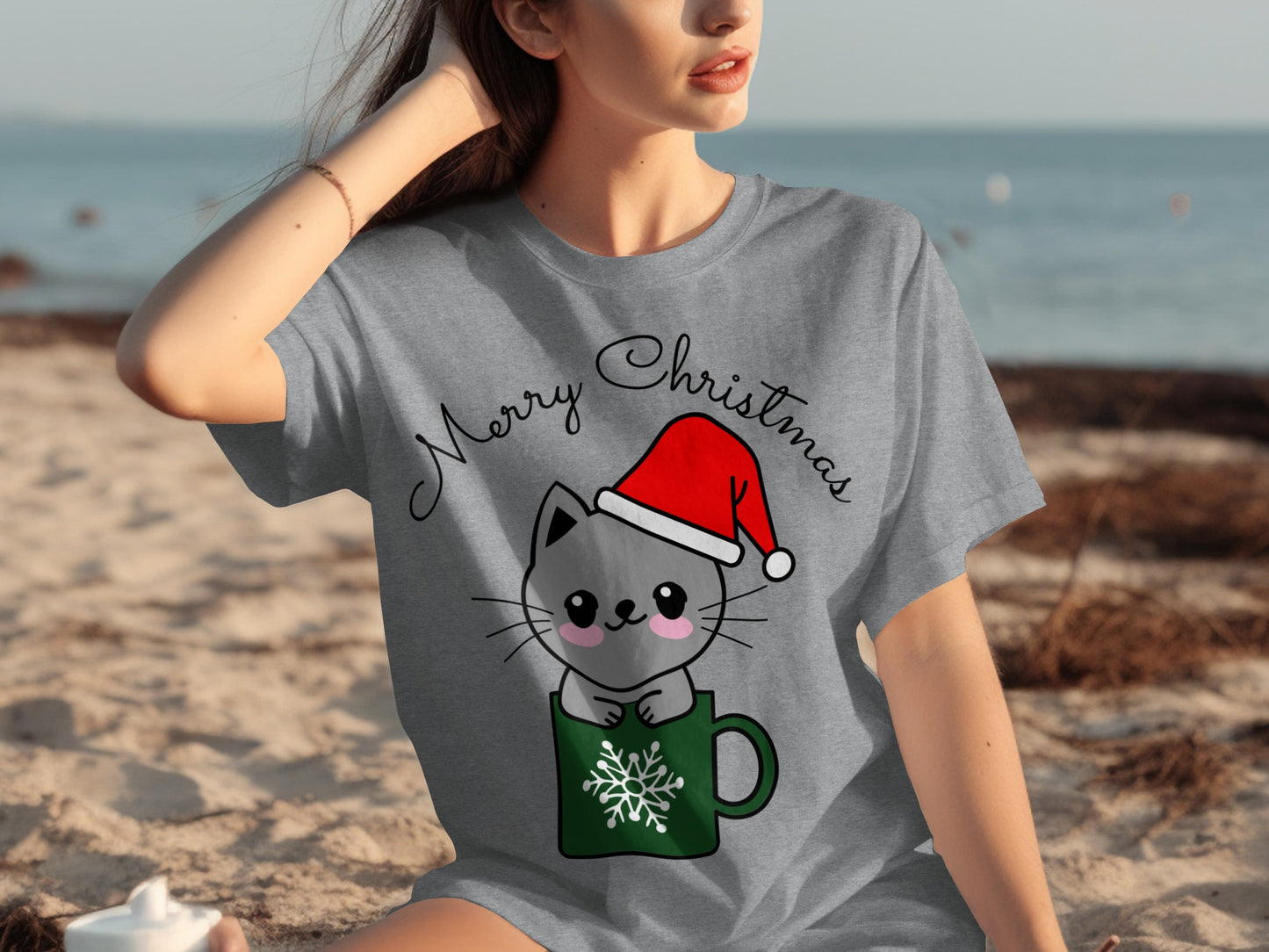Merry Christmas Cat in Santa Hat T-Shirt