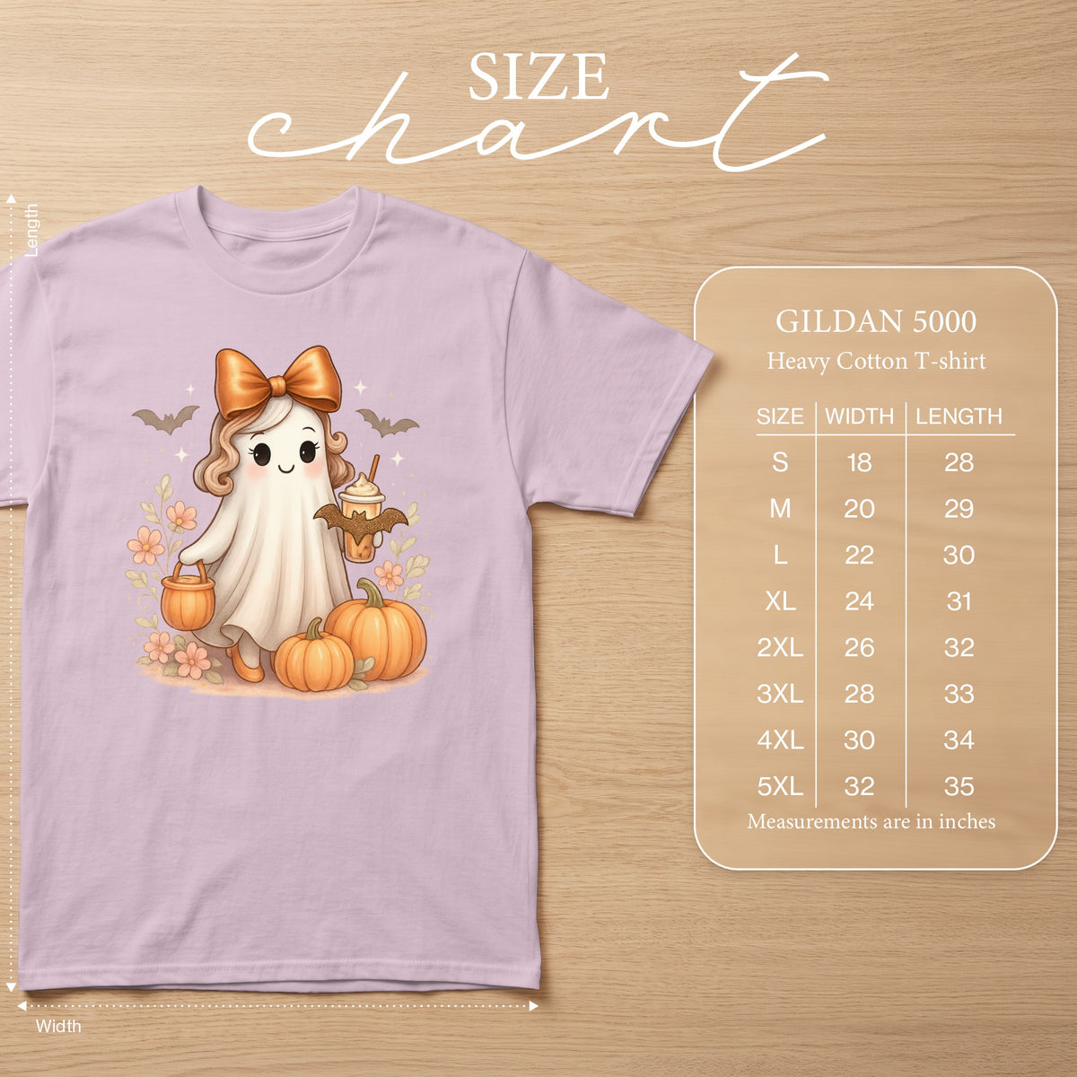 Lilac Gildan 5000 Heavy Cotton T-shirt with ghost graphic and size chart.