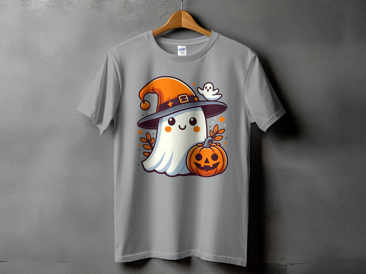 T-shirt with cartoon ghost wearing a witch hat and holding a pumpkin.