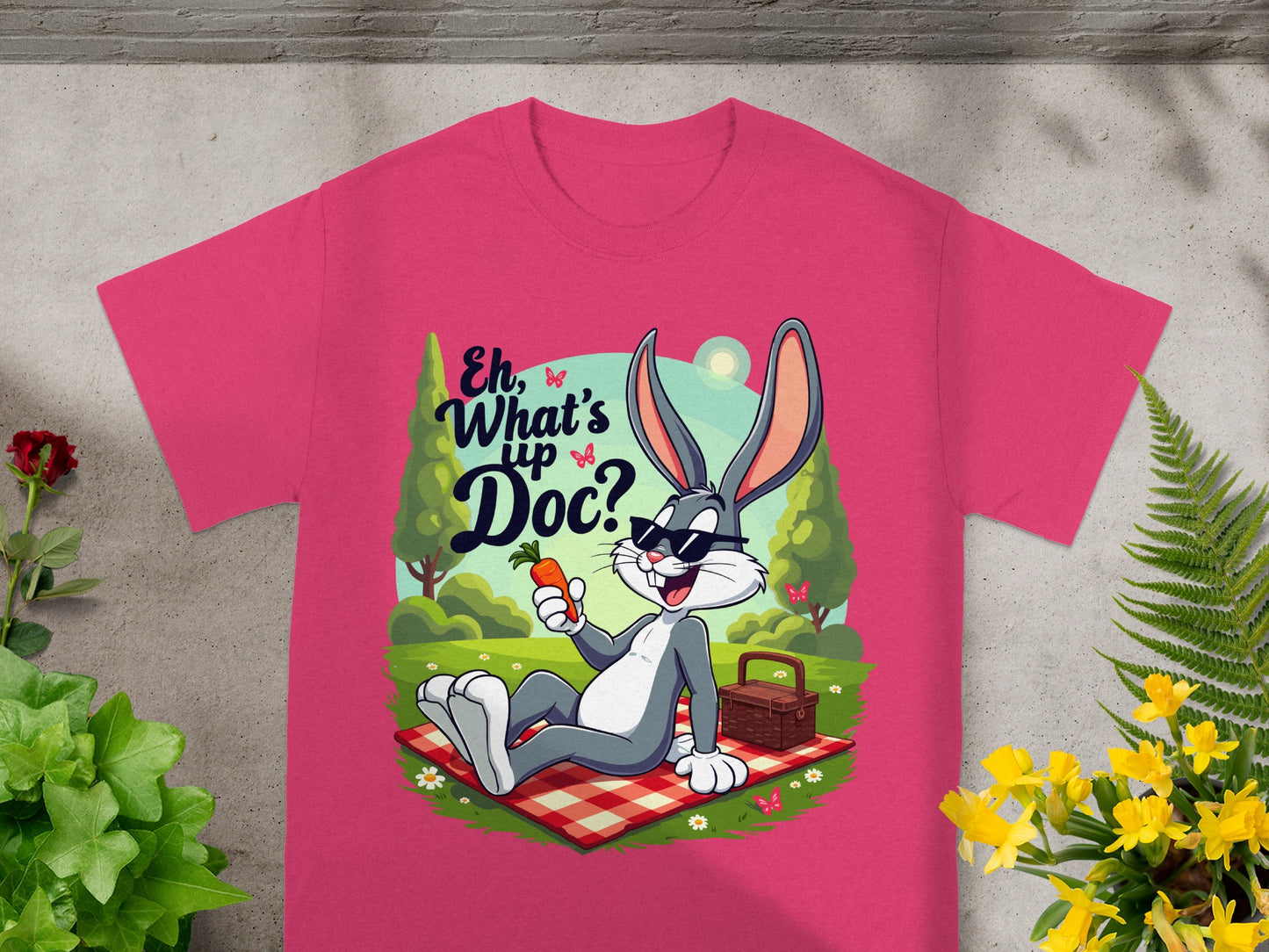 Bugs Bunny in sunglasses holding a carrot on a picnic blanket.