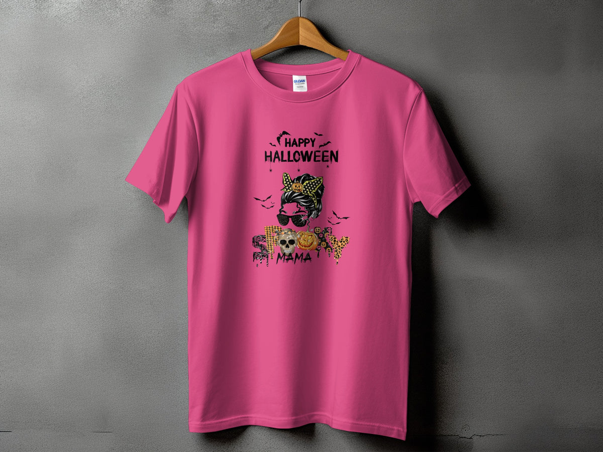 Pink t-shirt with "Happy Halloween" and "Spooky Mama" text with Halloween graphics.