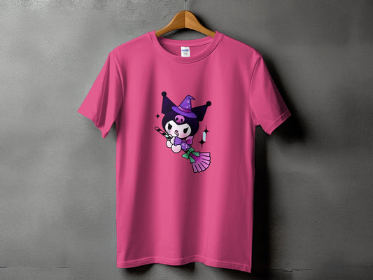 Pink t-shirt with Kuromi character holding a candy cane and broom.