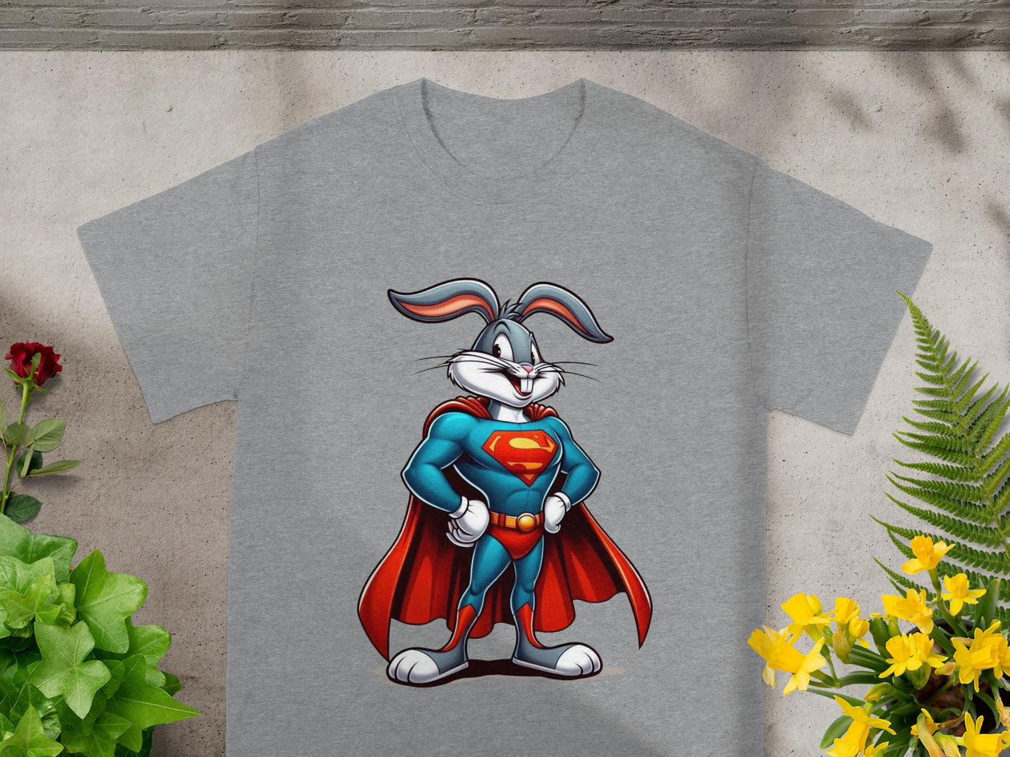 Bugs Bunny in a Superman costume with red cape on a grey t-shirt.