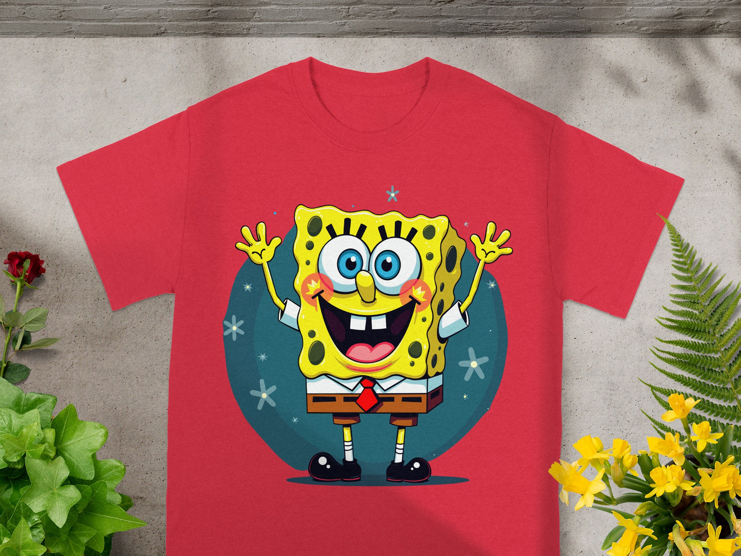 Red t-shirt with Spongebob Squarepants character graphic and yellow flowers.