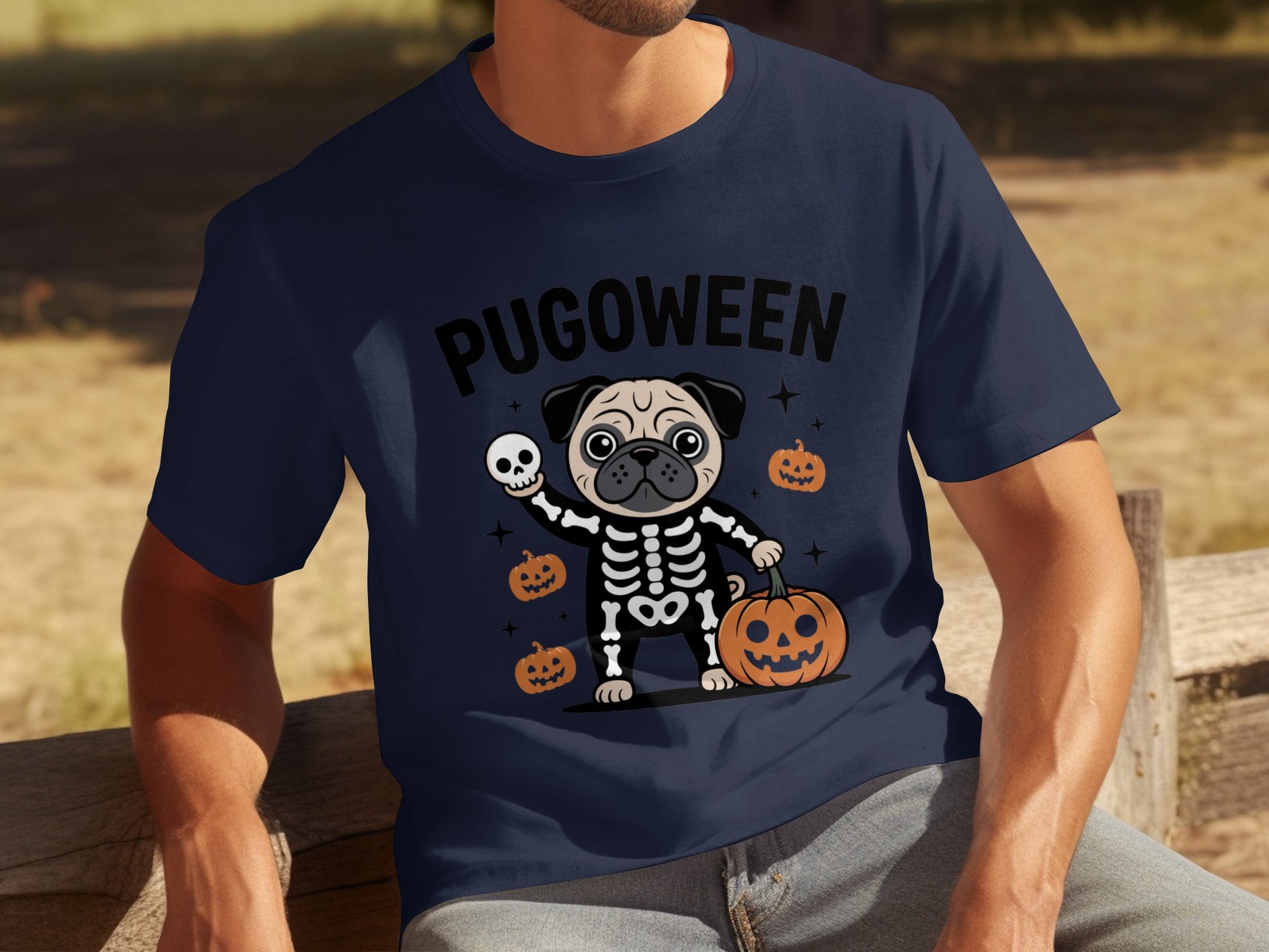 Funny Pugoween Halloween T-Shirt with Pug Skeleton