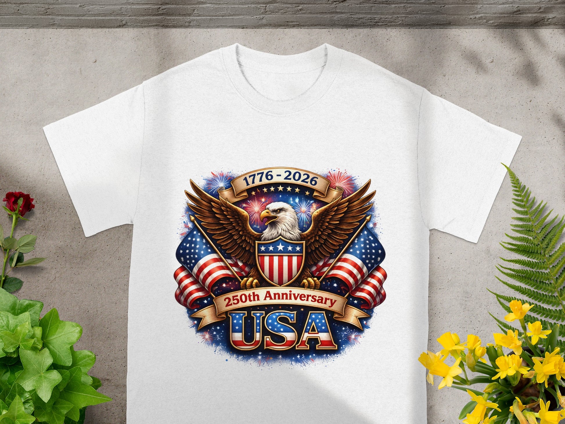 White t-shirt with a USA 250th Anniversary eagle and flag design.