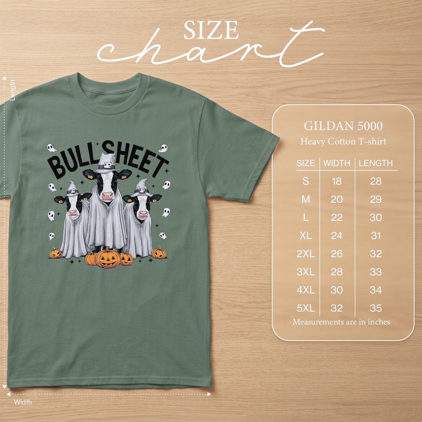 Green t-shirt with cows dressed as ghosts and pumpkins, "BULL SHEET" text. Includes size chart.