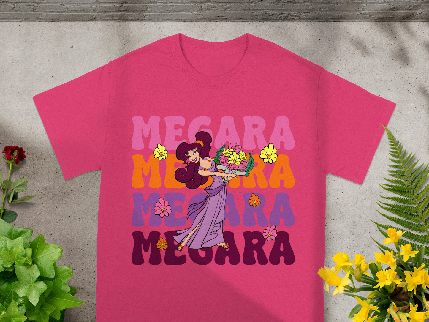 Megara from Hercules in retro style on a pink t-shirt.