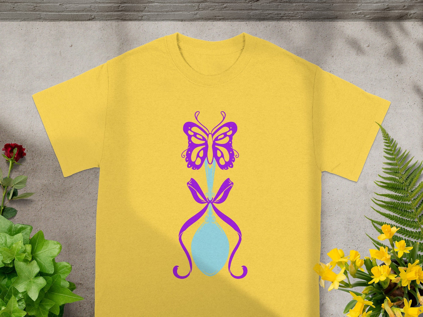 Butterfly and Ribbon Design on Yellow T-Shirt