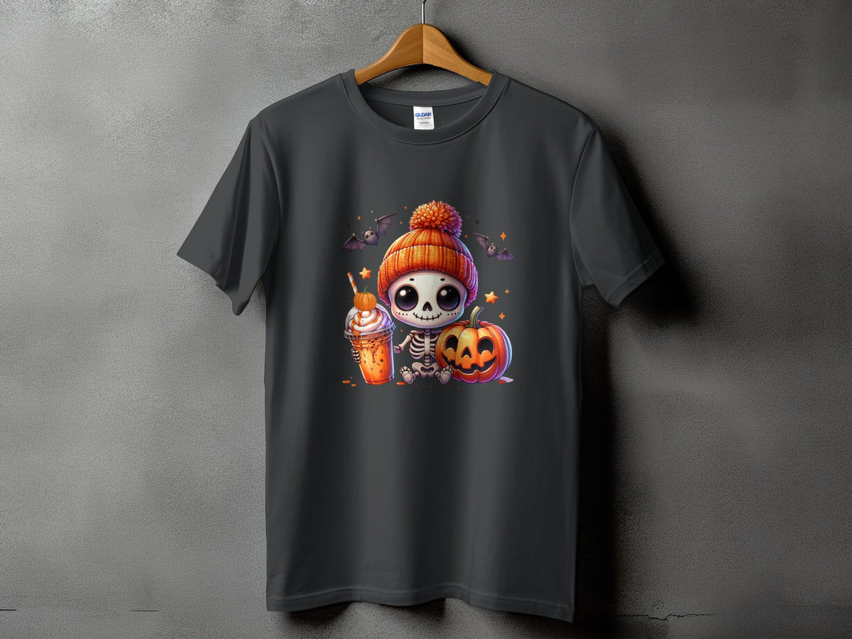Dark grey t-shirt with cartoon skeleton, pumpkin, and drink graphic.