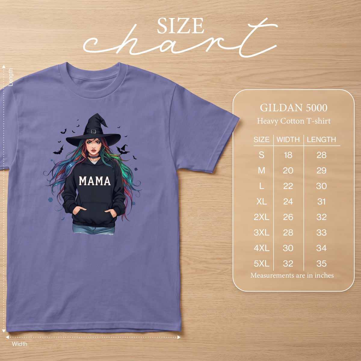 Purple t-shirt featuring a witch graphic with "MAMA" text and a GILDAN 5000 size chart.