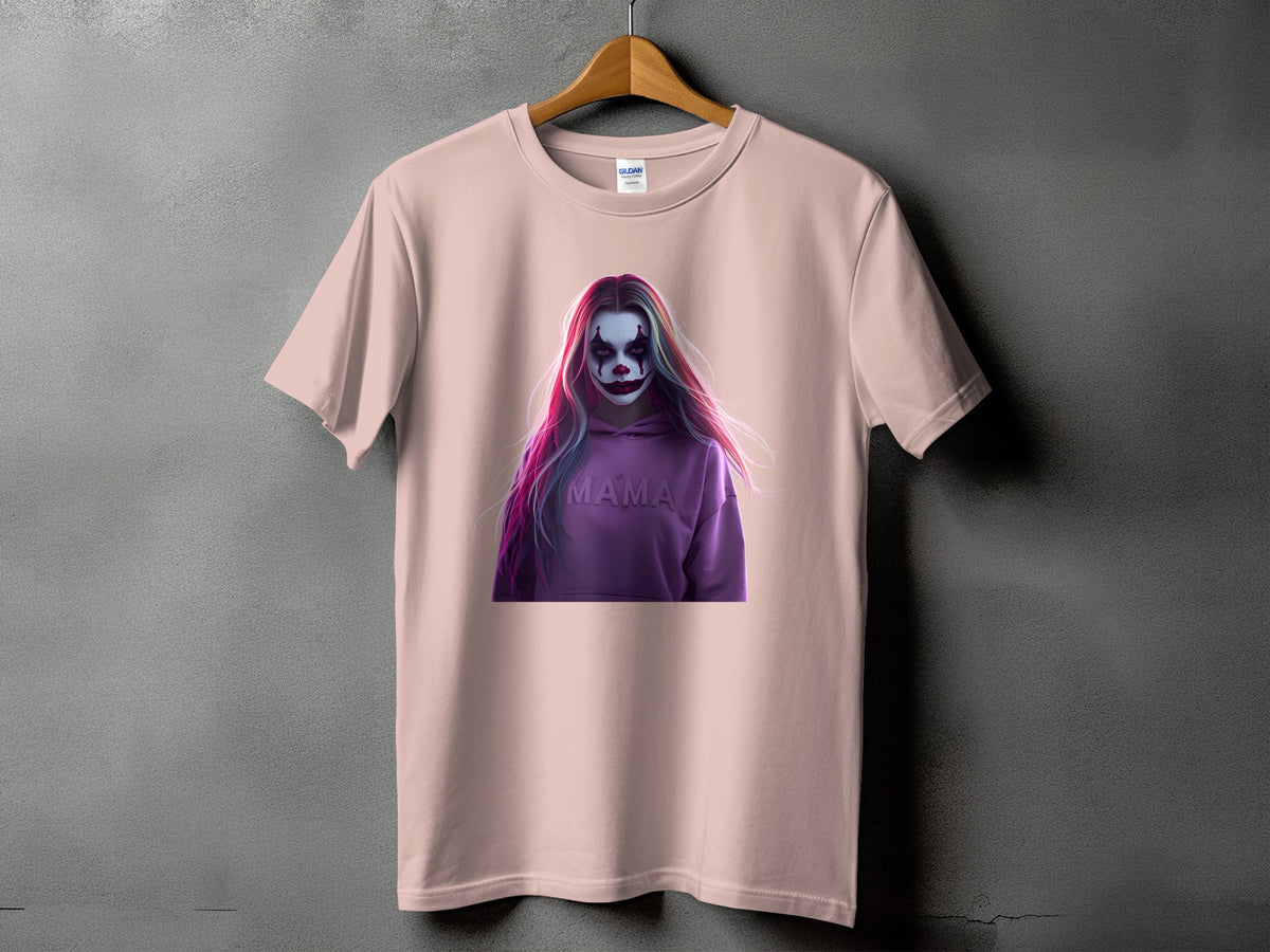 Pink t-shirt with a graphic of a person in clown makeup and a purple hoodie with "MAMA" on it.