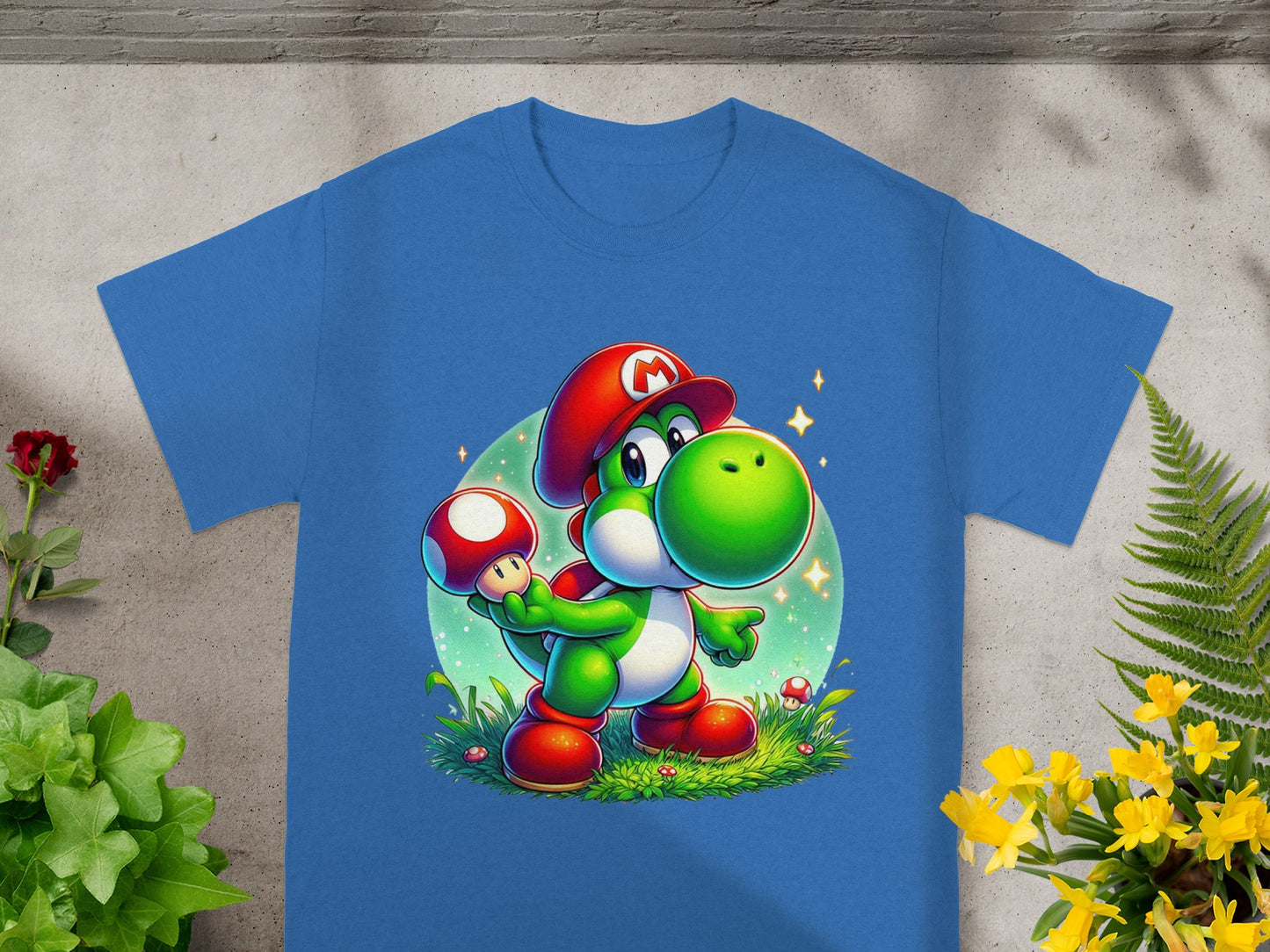 Blue t-shirt featuring Yoshi holding a Super Mushroom and wearing a Mario hat.