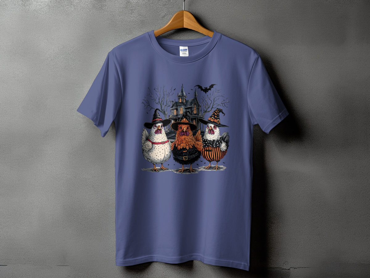 Three chickens dressed in Halloween costumes stand before a haunted house.