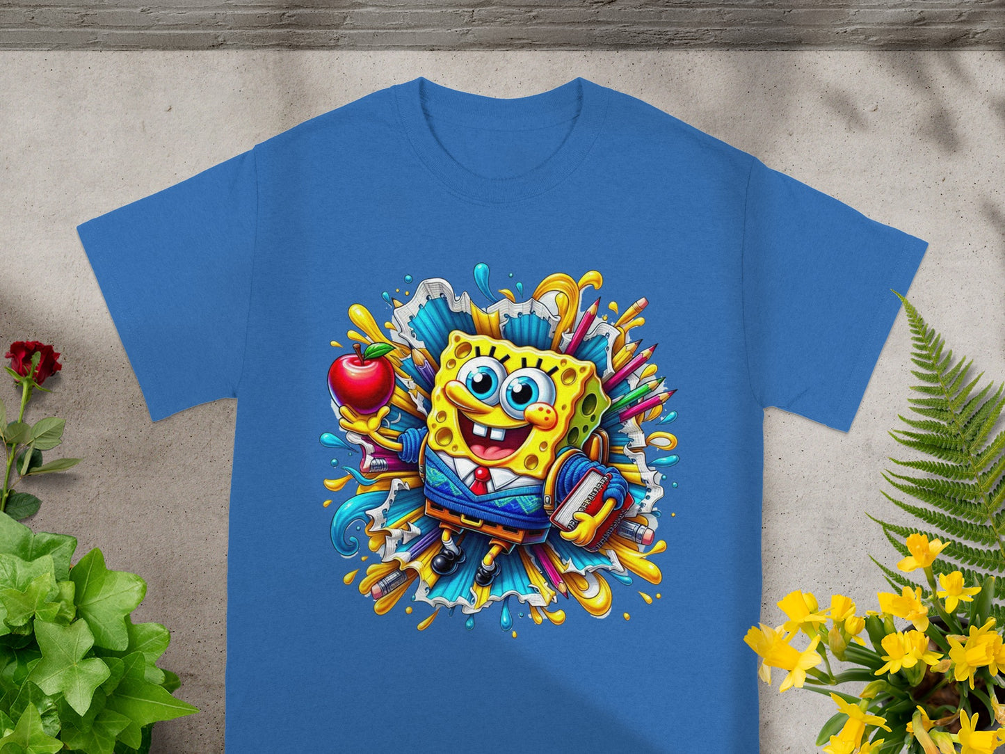 SpongeBob SquarePants character in school attire holding an apple and books.