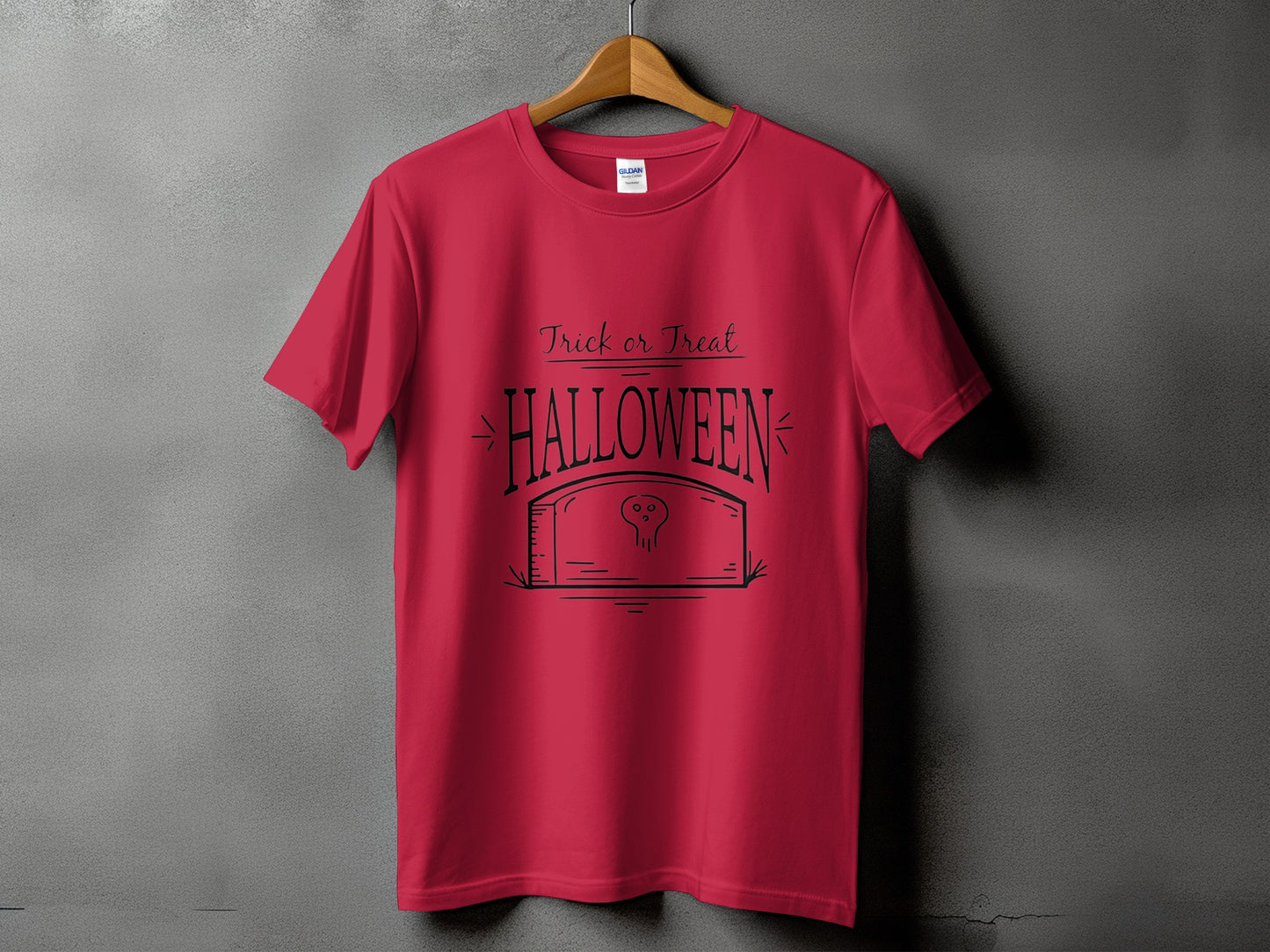 Red t-shirt with black "Trick or Treat Halloween" graphic featuring a tombstone with a skull.