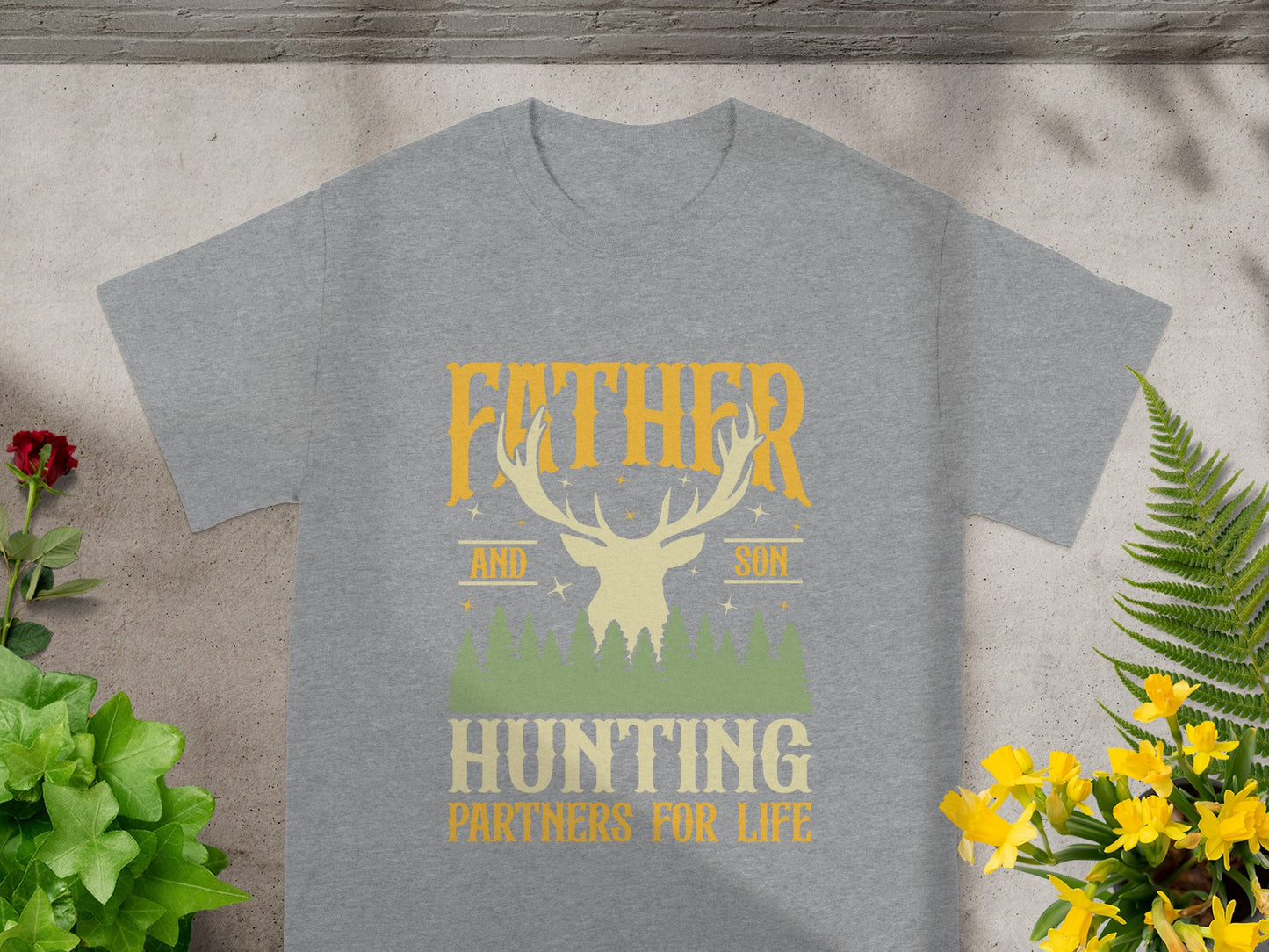 Graphic t-shirt with "Father and Son Hunting Partners for Life" text and deer graphic.